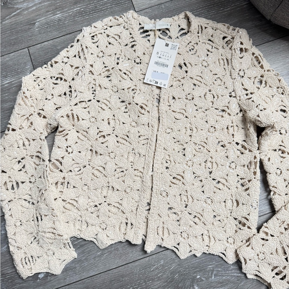 NEW 2025 Zara SEQUIN Macrame Cream Crochet Jacket - Picture 7 of 7
